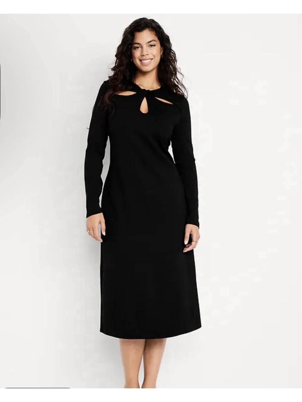 Old Navy Black Long Sleeve Midi Dress Twist Neck Keyhole Medium M NEW
